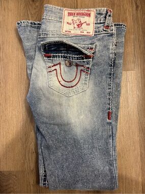 True Religion womens Light Blue Jeans with Red Contrast Stitching